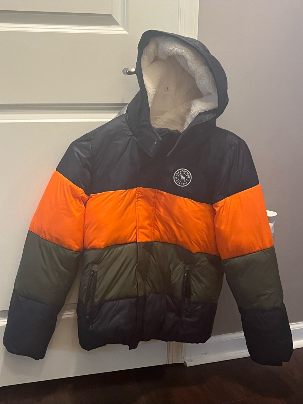Kids Colorblock Hooded Puffer Jacket - Orange/navy/Olive
